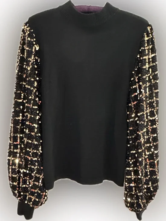 Flying Tomato Black Sweater with Gold-Accent Sequin Grid Sleeves - Picture 2 of 8